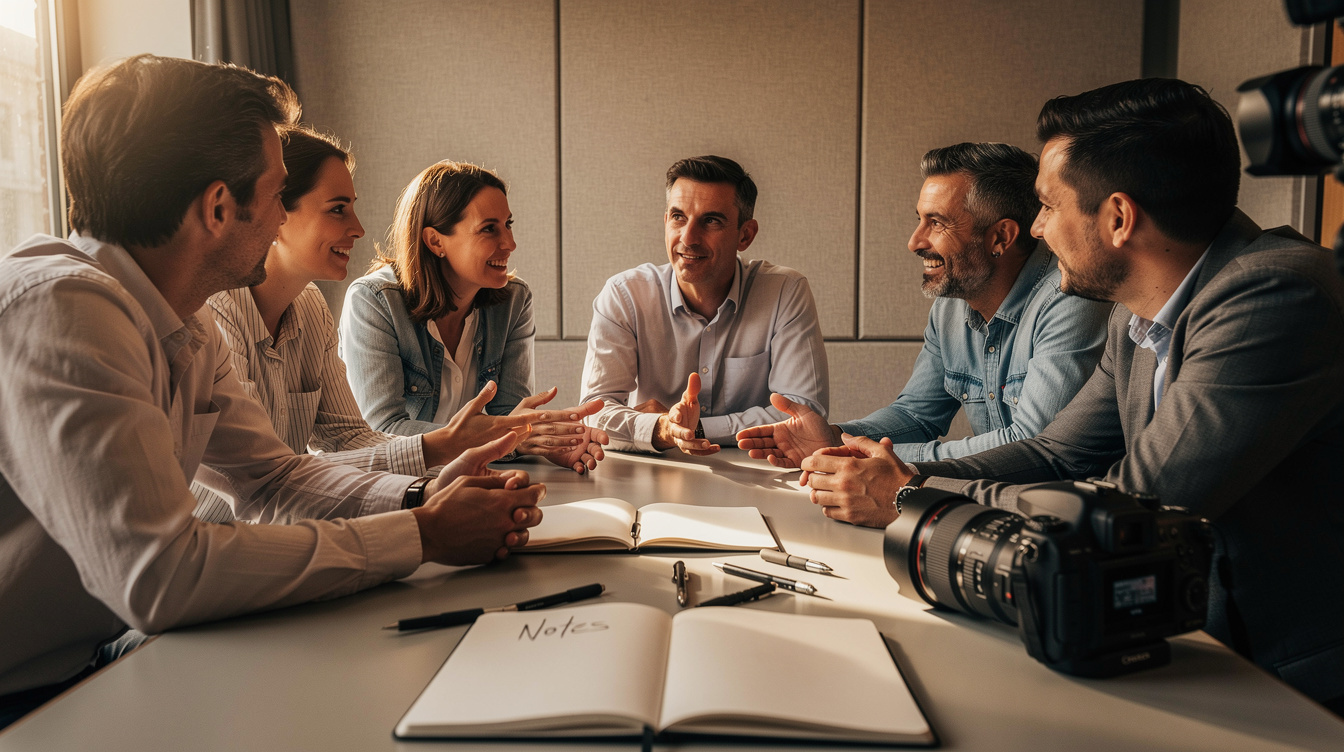 Team of media professionals discussing around a table with studio equipment nearby